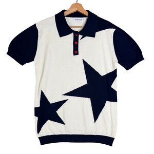 OXKNITSTORE Knit Polo Sweater Shirt White Stars Short Sleeve Cotton Men Size S